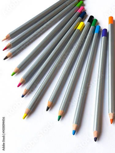 Arrangement Color pencils set in bulk on isolated white background