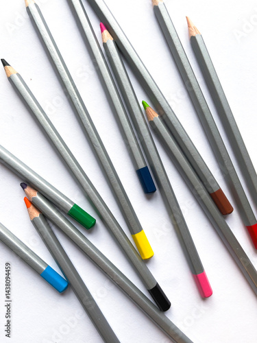 Arrangement Color pencils set in bulk on isolated white background