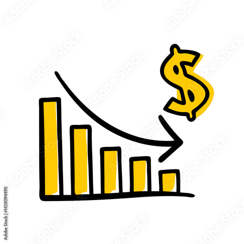 hand-drawn style illustration of yellow bar graph showing downward trend,with yellow dollar sign and falling arrow.Represents financial decline or economic recession.Use on finance or business blogs