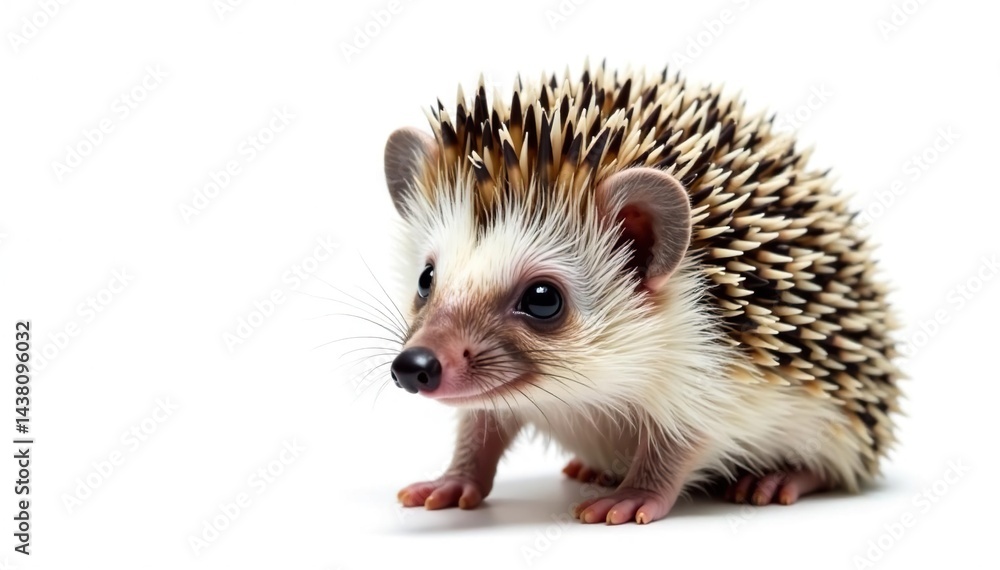 Hedgehog isolated on white, facing viewer, visible spines , macro photography, front Hedgehog isolated on white, facing viewer, visible spines , macro photography, front