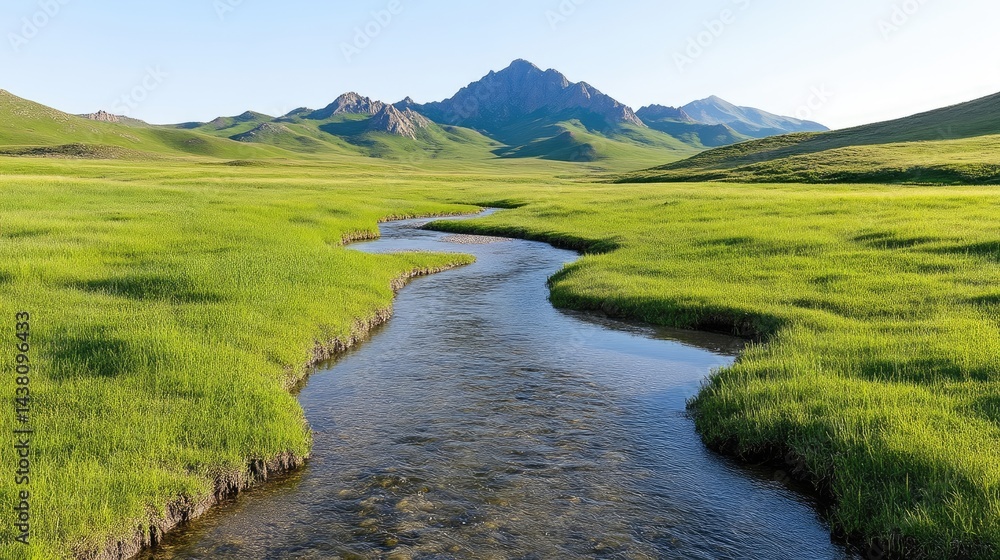 Serene mountain stream meandering through verdant valley Serene mountain stream meandering through verdant valley