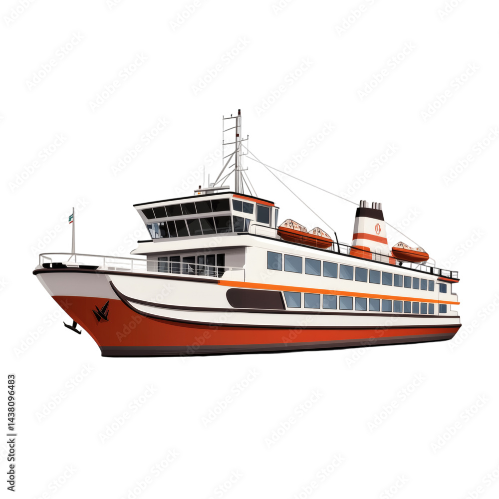 realistic ferry boat isolated on white background, large transport vessel for tourism, centered without touching edges realistic ferry boat isolated on white background, large transport vessel for tourism, centered without touching edges