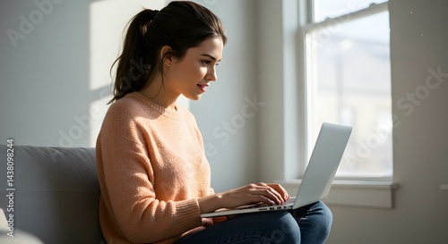 Young woman working on a laptop in the workroom