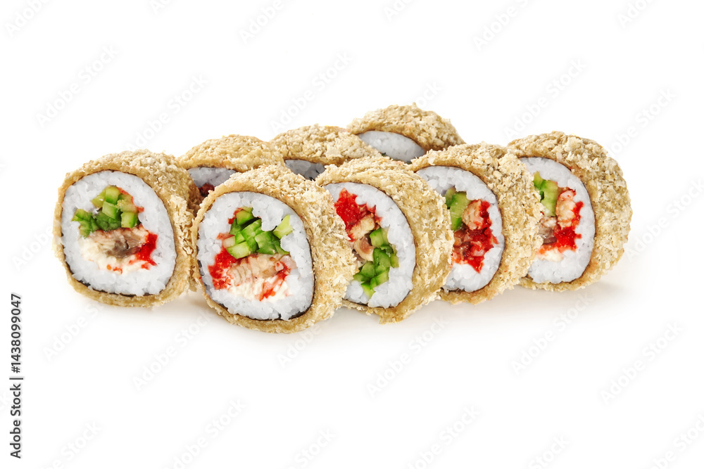 Tempura hot sushi rolls showing salmon, cucumber, and red tobiko caviar on white background