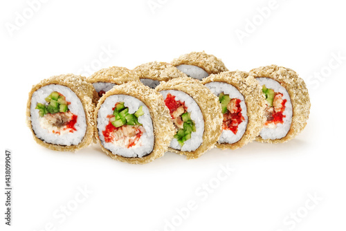 Obraz na płótnie Tempura hot sushi rolls showing salmon, cucumber, and red tobiko caviar on white background w salonie