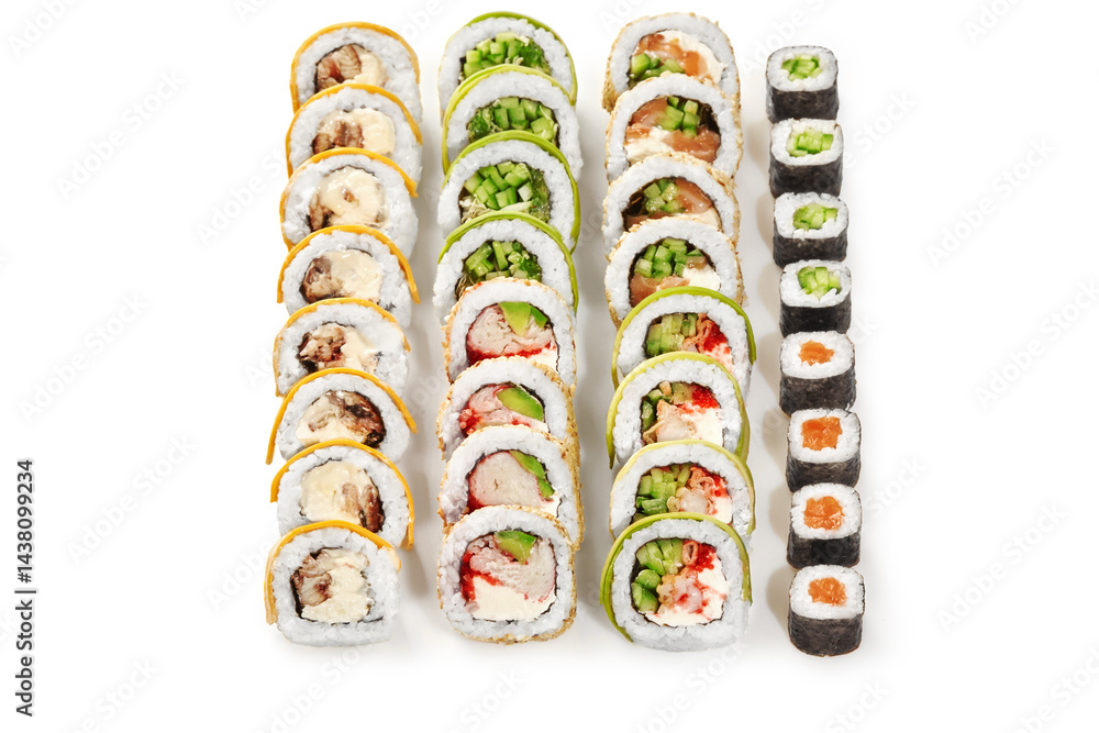 Variety of sushi rolls forming colorful lines on white background