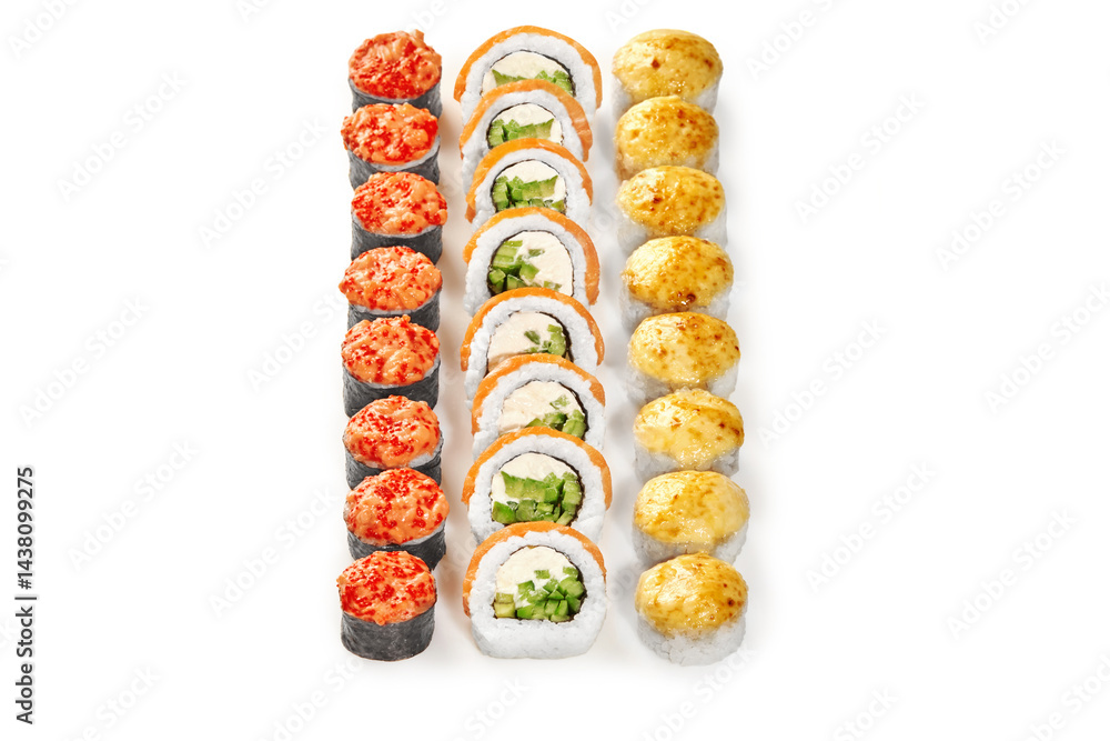 Delicious sushi rolls forming colorful lines on white background