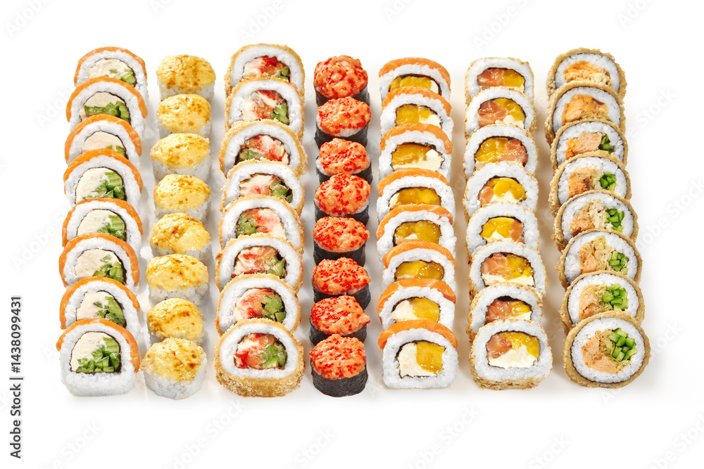 Variety of delicious uramaki sushi rolls with different toppings displayed on white background