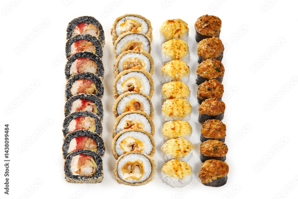 Variety of cooked sushi rolls with black rice, tempura and baked toppings creating a colorful composition on white background