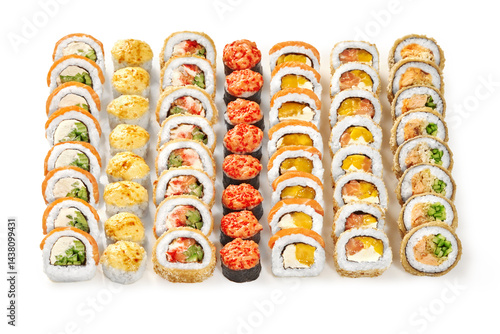 Obraz na płótnie Variety of delicious uramaki sushi rolls with different toppings displayed on white background w salonie