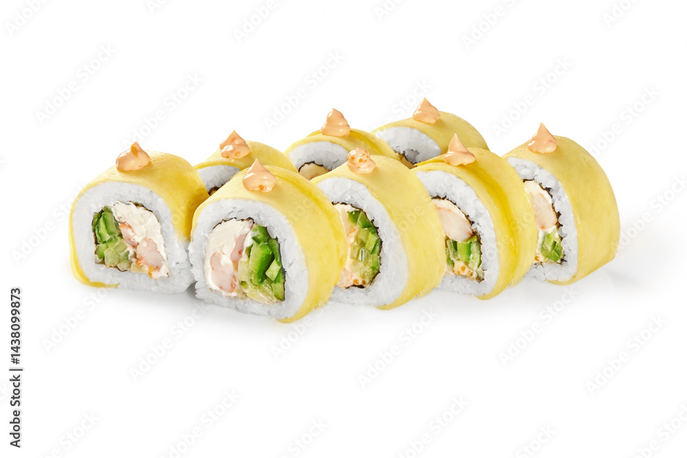 Delicious uramaki sushi rolls wrapped in omelet with spicy sauce on white background