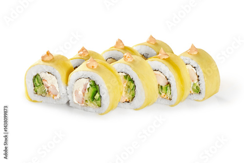 Obraz na płótnie Delicious uramaki sushi rolls wrapped in omelet with spicy sauce on white background w salonie