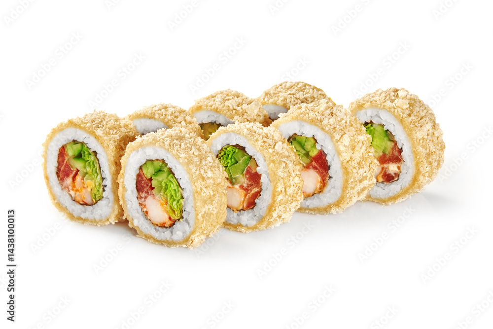 Hot tempura maki sushi rolls with prawn, tuna, avocado and lettuce filling on white background