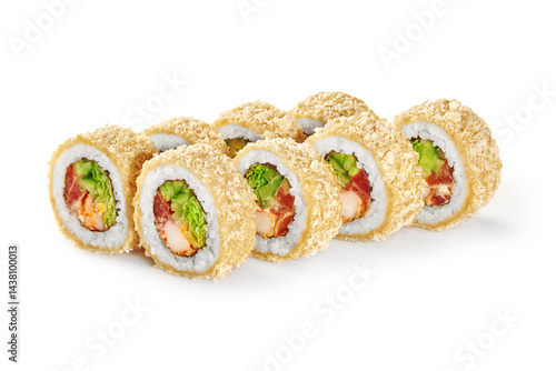 Obraz na płótnie Hot tempura maki sushi rolls with prawn, tuna, avocado and lettuce filling on white background w salonie