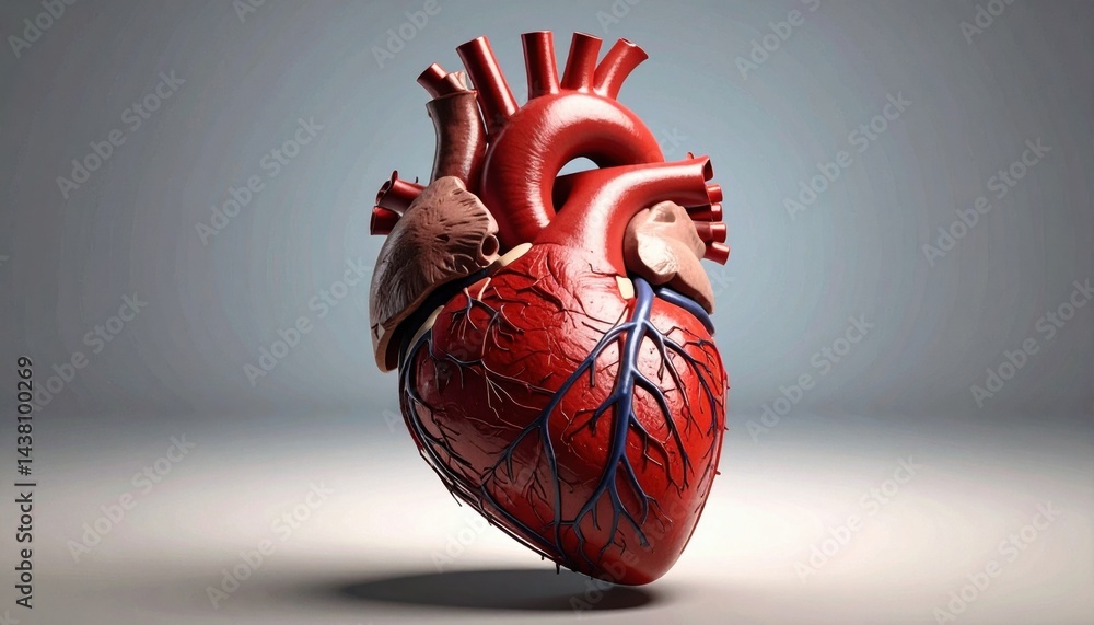 Naklejka premium Realistic 3D rendering of a human heart showing detailed veins, arteries, and anatomical structure against a neutral background.