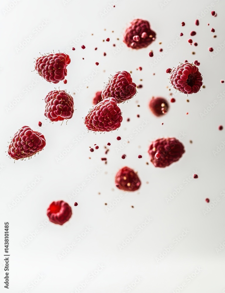 Fresh raspberries in mid-air, scattered with small seeds Fresh raspberries in mid-air, scattered with small seeds