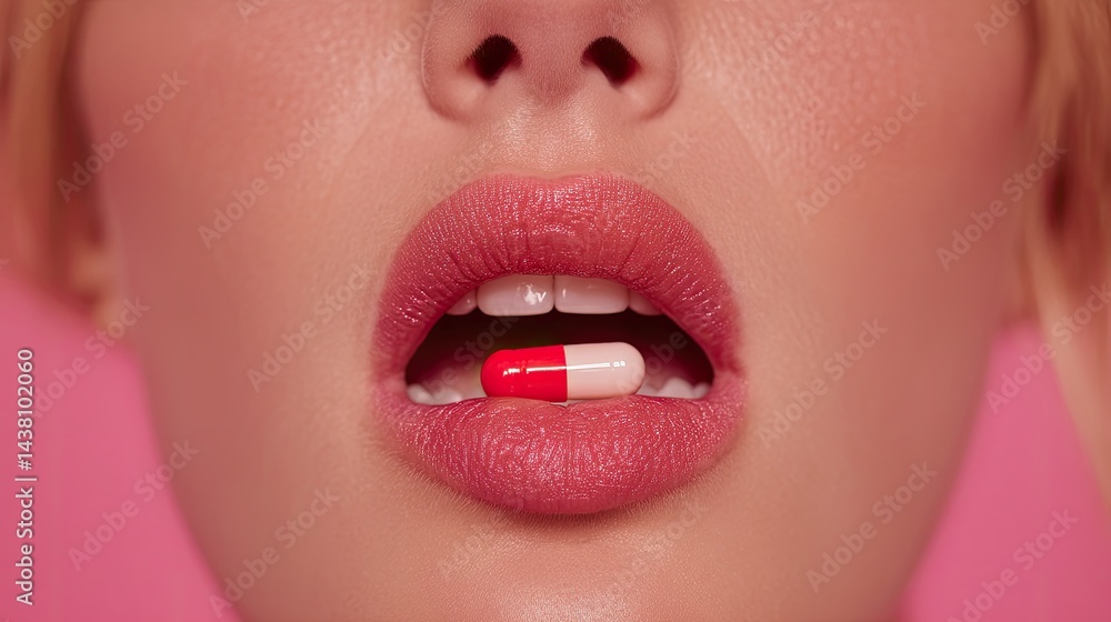 Naklejka premium Close-up of lips, front-view portrait of a woman taking a red and white pill in her mouth