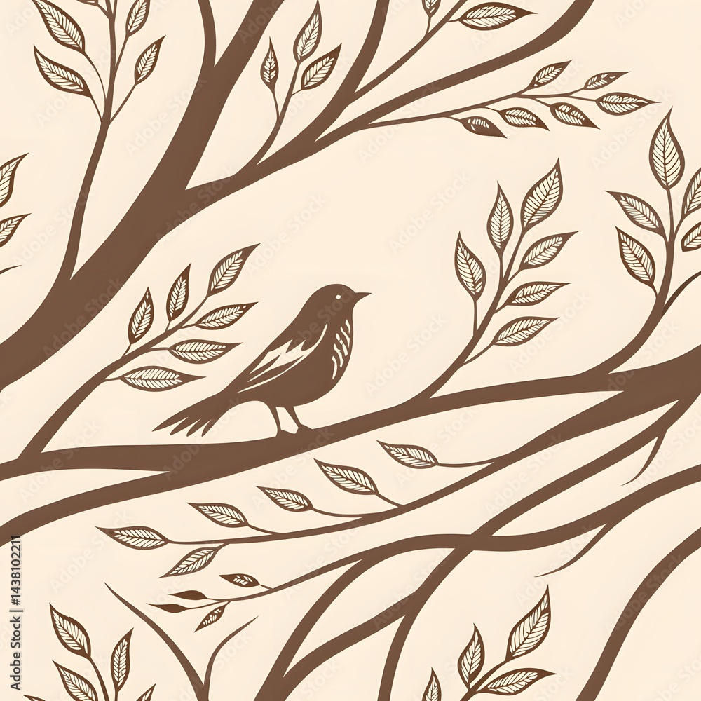 Naklejka premium Serene avian perched on intricately detailed branches, adorned with delicate leaves, creating a peaceful and elegant nature-inspired pattern.