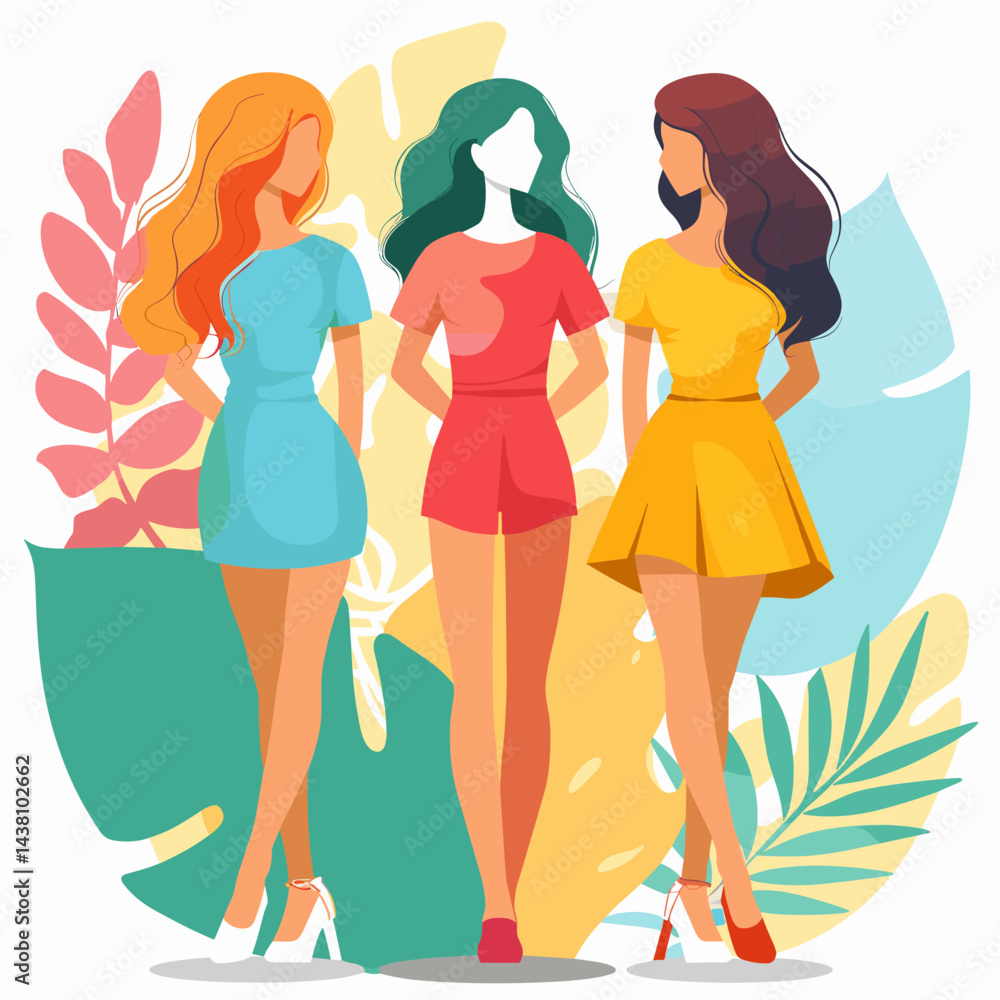 Group of young women in summer clothes. Vector illustration in sketch style Group of young women in summer clothes. Vector illustration in sketch style