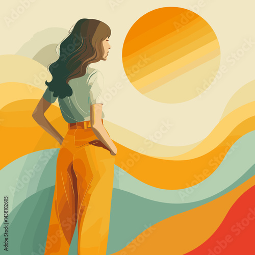 Beautiful young woman with long hair standing on the beach. Vector illustration