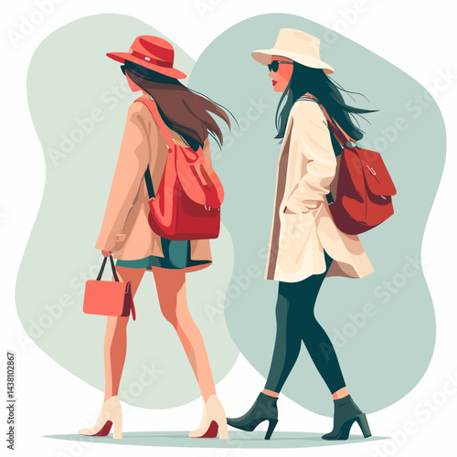 Vector illustration of two young women walking in the street, wearing stylish clothes and hats