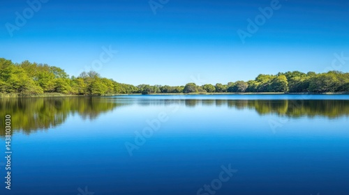 Serene Lakeside Serenity: Tranquil Reflection of Lush Greenery under a Vivid Blue Sky