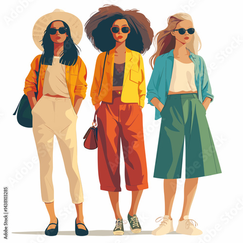Group of young women in summer clothes. Vector illustration in sketch style