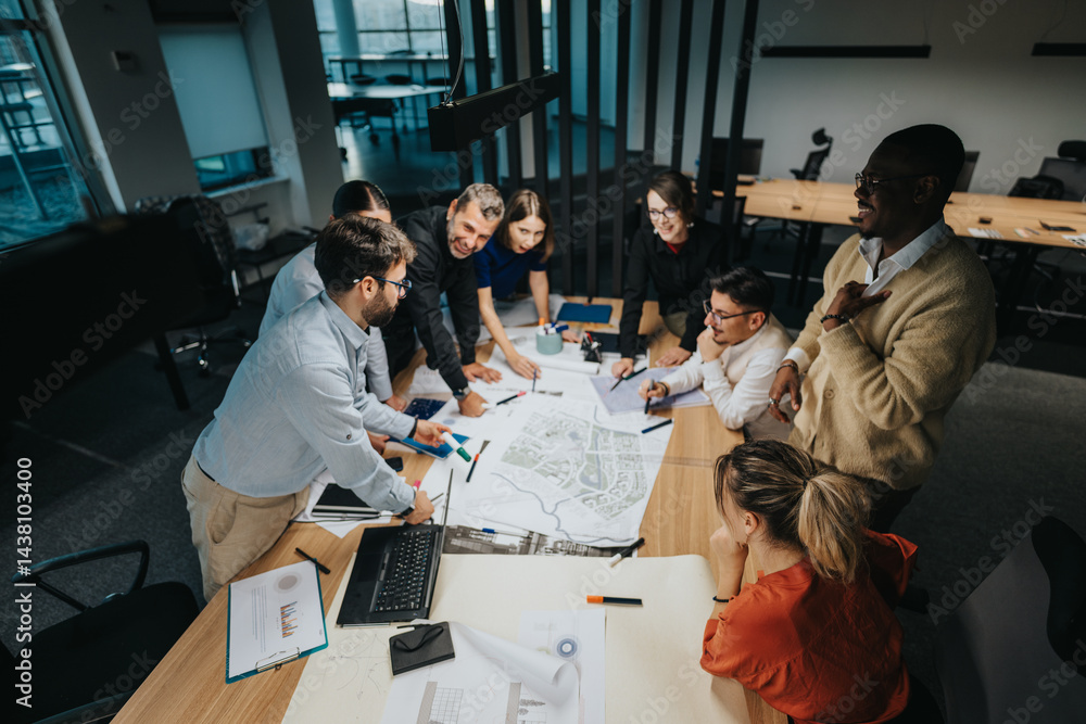 Fototapeta premium A diverse group of business people gather around a conference table, actively discussing and brainstorming ideas for a project. Multigenerational team focused on teamwork and innovation in a modern