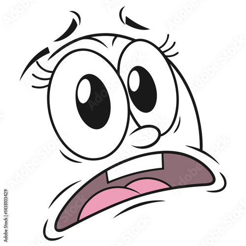 Scared Expression Cartoon Face with Wide Eyes, Open Mouth, and Agitated Brow Lines