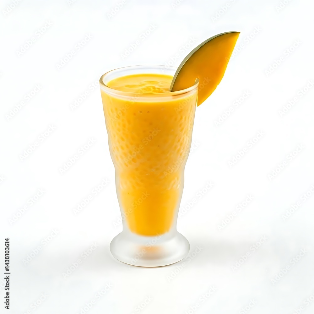Mango lassi in a frosted glass with mango slice white background. Mango lassi in a frosted glass with mango slice white background.