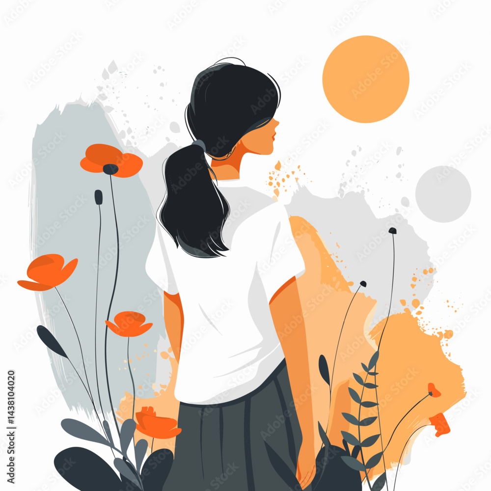 Obraz premium Beautiful girl with poppies. Vector illustration in flat style 