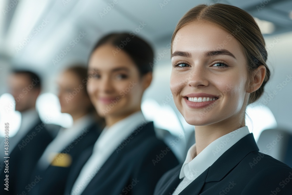 Cabin crew member in professional uniform demonstrates in-flight safety procedures with a friendly smile. Quality airline hospitality and trust-building service during commercial air travel. Cabin crew member in professional uniform demonstrates in-flight safety procedures with a friendly smile. Quality airline hospitality and trust-building service during commercial air travel.