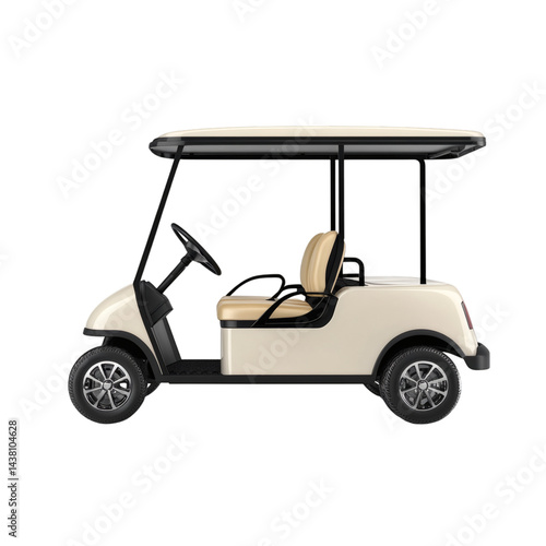 realistic side view of a luxury resort golf cart, isolated on pure white background, minimalistic travel transport