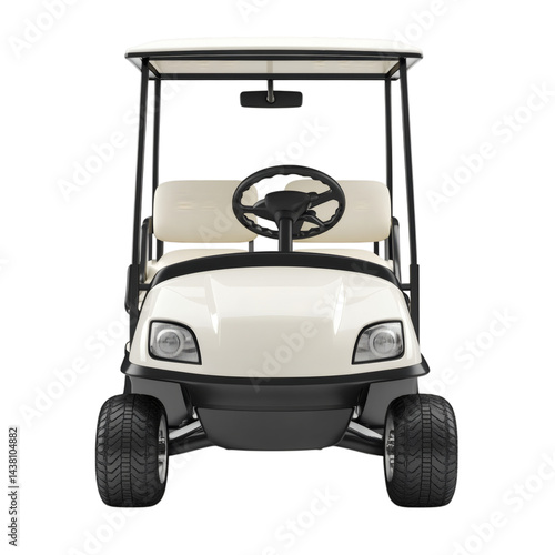 high-detail realistic golf cart front view isolated without ground shadow, pure white background, recreational tourism theme