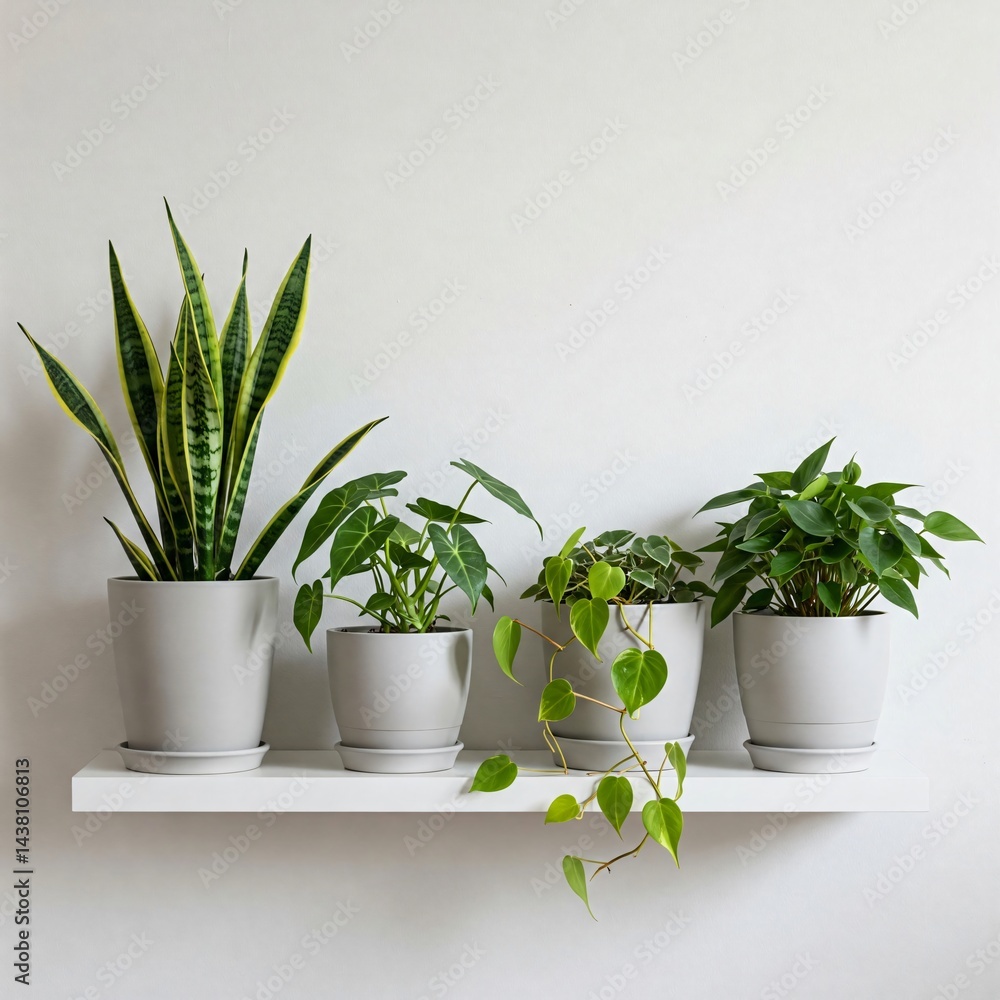 Fototapeta premium Serene Indoor Garden: Four Potted Green Plants (Snake Plant, Alocasia, Pothos, Peperomia) on a White Shelf Against a Minimalist White Wall - Natural Home Decor