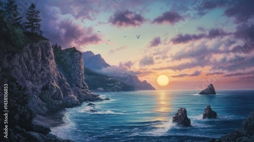 Serene Sunset over Coastal Cliffs and Ocean
