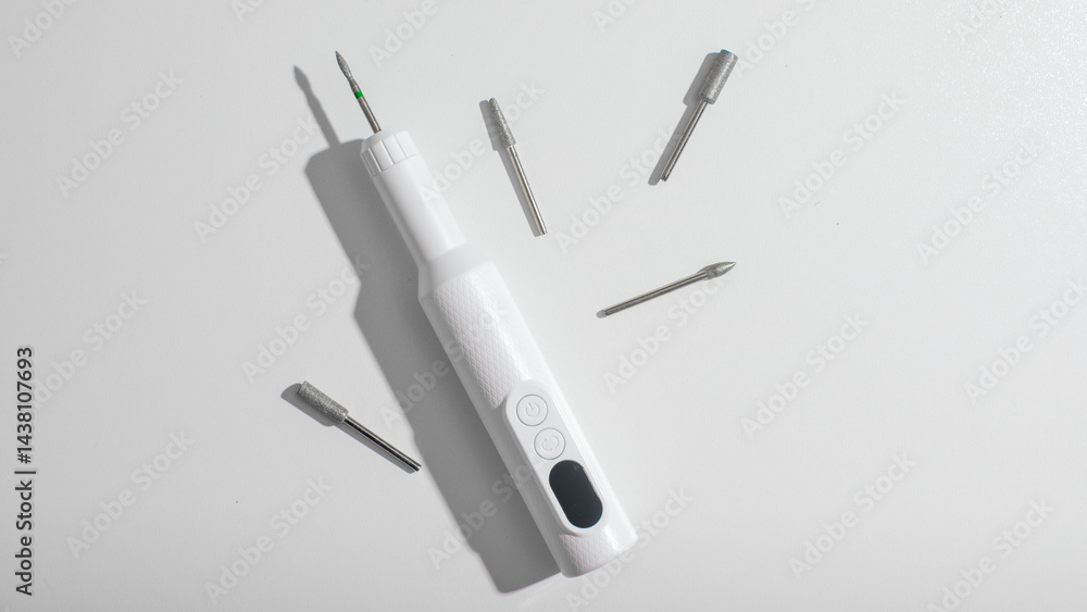 Electric screwdriver with interchangeable bits on white background, DIY craftsmanship tools, home improvement, Father's Day gift idea Electric screwdriver with interchangeable bits on white background, DIY craftsmanship tools, home improvement, Father's Day gift idea