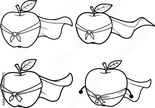 Illustration of apples line art, wearing a super hero cape