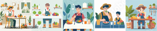 farmer character vector eating fruit