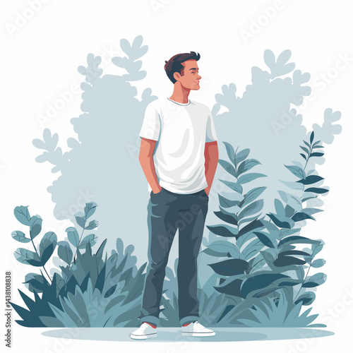 Vector illustration of a young man in casual clothes standing in front of plants.