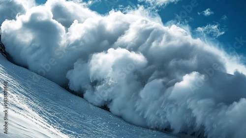 Majestic mountain avalanche unleashing snowy force under blue sky