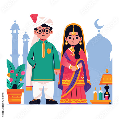 Cute Indian Wedding Couple Vector Illustration in Traditional Dress