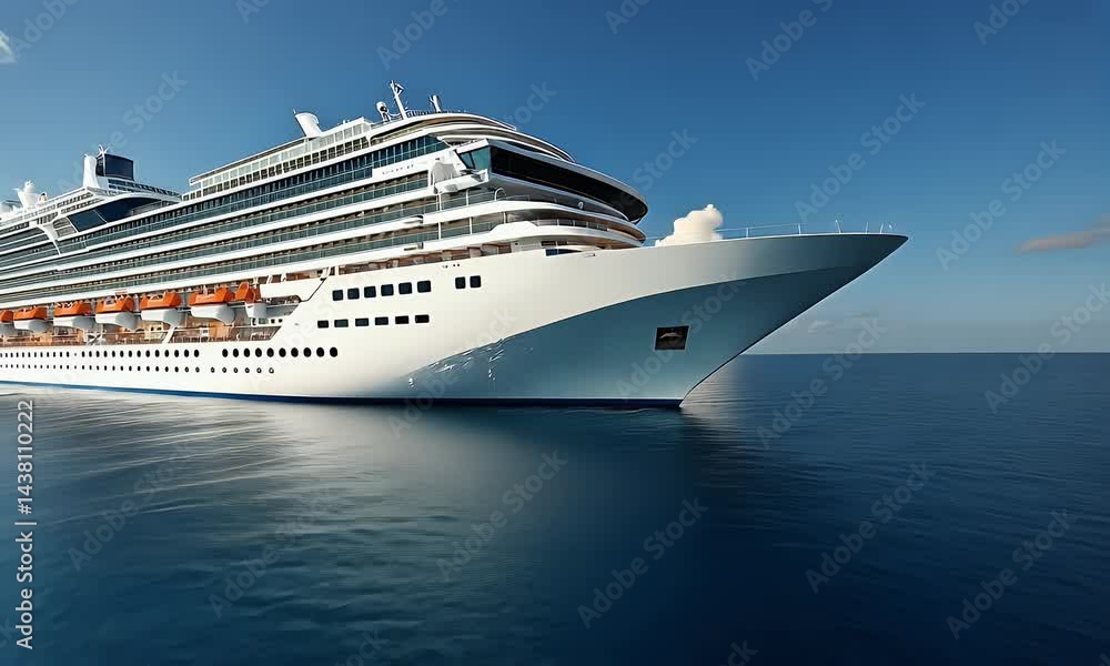 A luxury cruise ship sailing on the open sea, with white and blue colors, panoramic view, and a wide-angle lens. The bright sunshine illuminates its elegant design, showcasing modern technology and lu A luxury cruise ship sailing on the open sea, with white and blue colors, panoramic view, and a wide-angle lens. The bright sunshine illuminates its elegant design, showcasing modern technology and lu