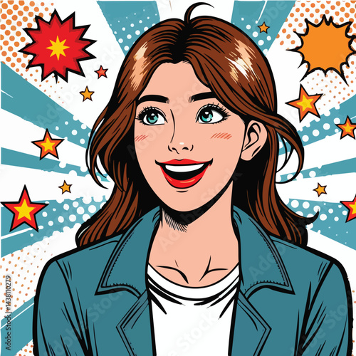 Excited Pop Art Woman Cartoon Character with Stars