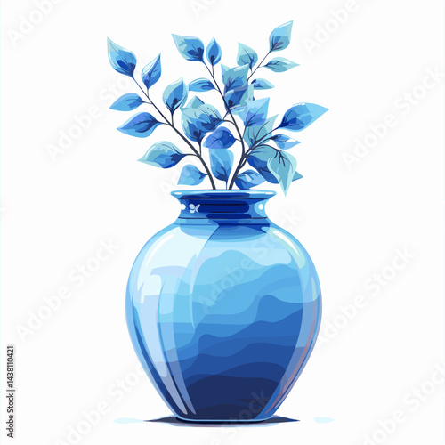Blue glass vase with plant isolated on white background. Vector illustration.