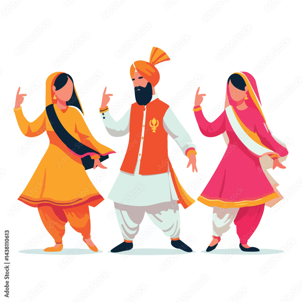 Festive punjabi dancers performing bhangra folk dance vector illustration Festive punjabi dancers performing bhangra folk dance vector illustration