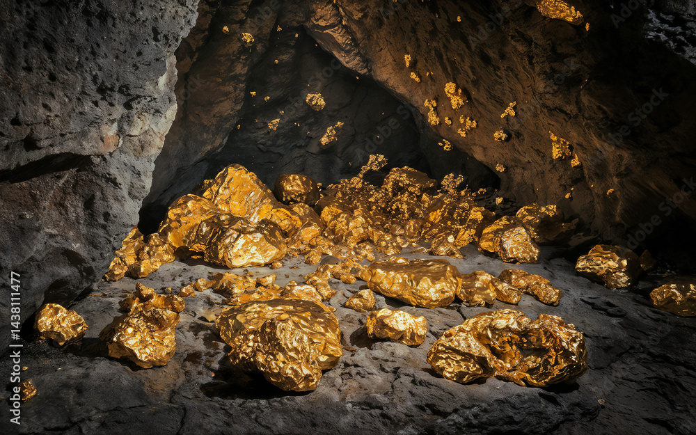 Shiny, glossy gold nuggets in a dark cave. Gold mining, refining of gold, prospecting, mineral concepts. Shiny, glossy gold nuggets in a dark cave. Gold mining, refining of gold, prospecting, mineral concepts.