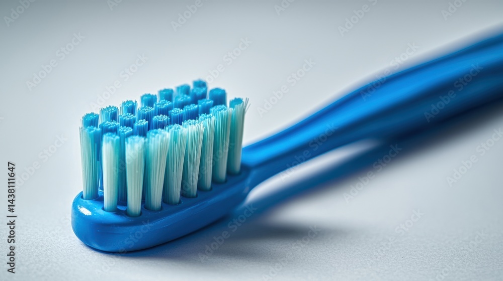Close-up view of a blue toothbrush with white and blue bristles resting on a light surface, highlighting dental hygiene and oral care tools for health and cleanliness Close-up view of a blue toothbrush with white and blue bristles resting on a light surface, highlighting dental hygiene and oral care tools for health and cleanliness