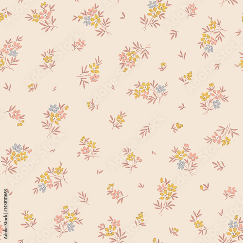 Cute floral pattern. Pretty flowers on beige background. Printing with small pastel flowers. Ditsy print. Seamless vector texture. Spring bouquet. Vintage template for fashion prints. Stock vector