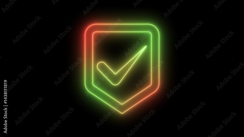 Tick Mark with Neon Glow Animation, Neon Checkmark in Shield Icon Tick Mark with Neon Glow Animation, Neon Checkmark in Shield Icon